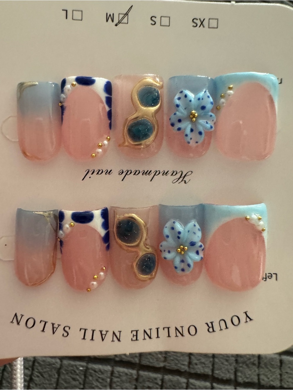 Handmade Blue Floral 3D Press-On Nail Set